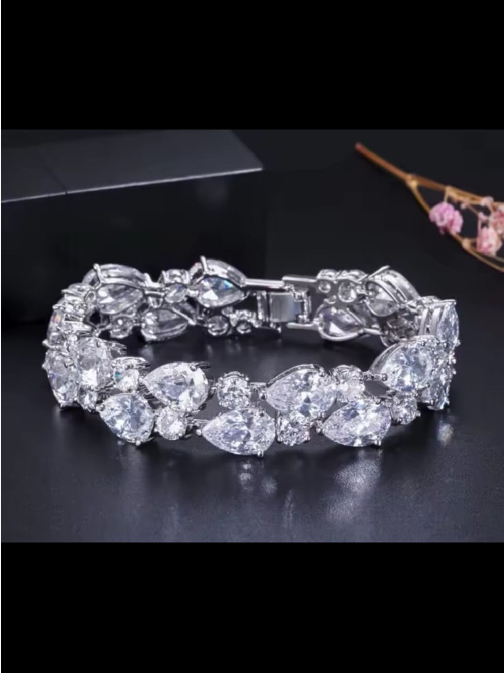 Clear tear drop crystals AAA zirconia rhodium plated bracelet